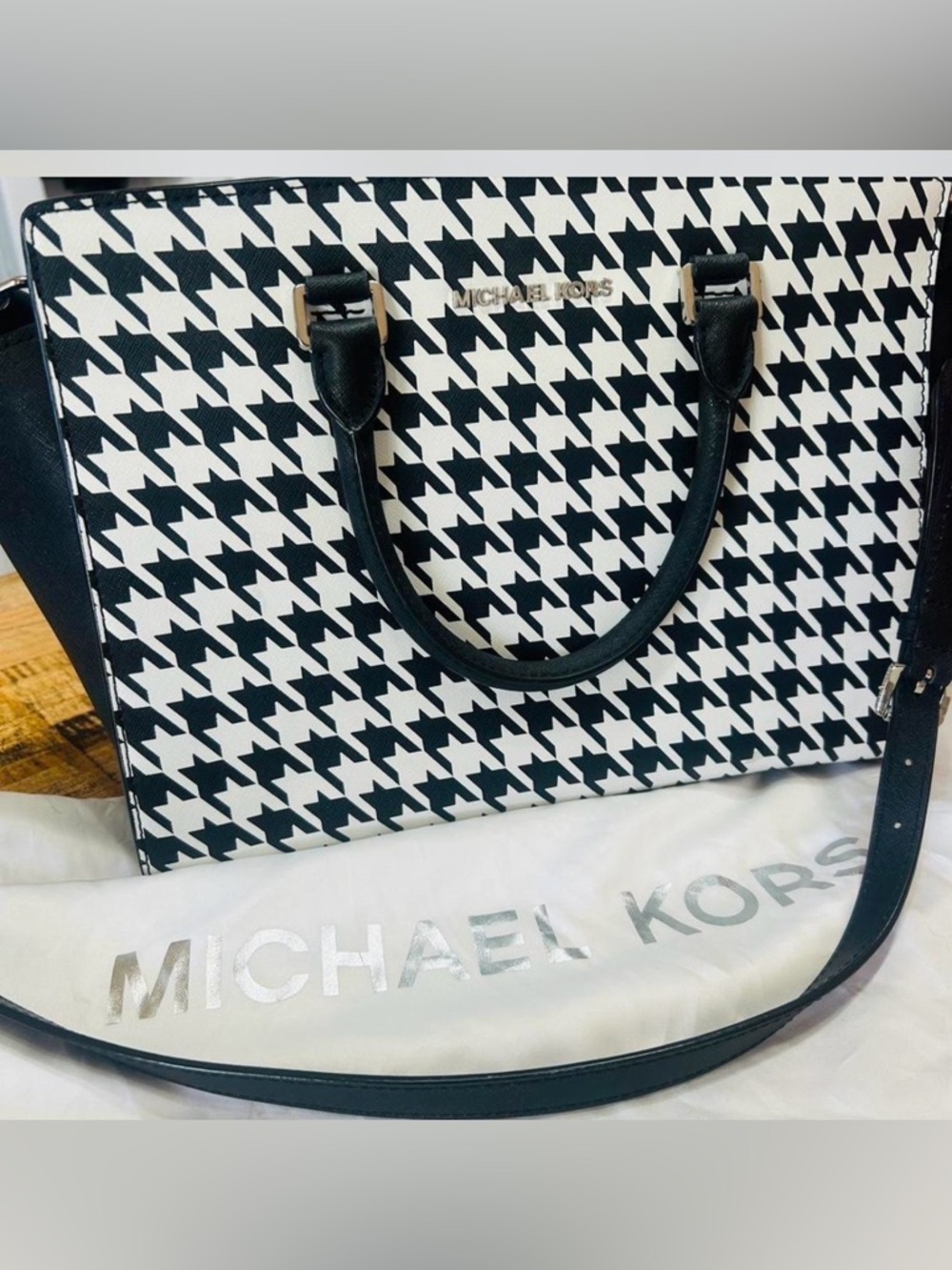 Michael Kors Black & White Houndstooth Satchel